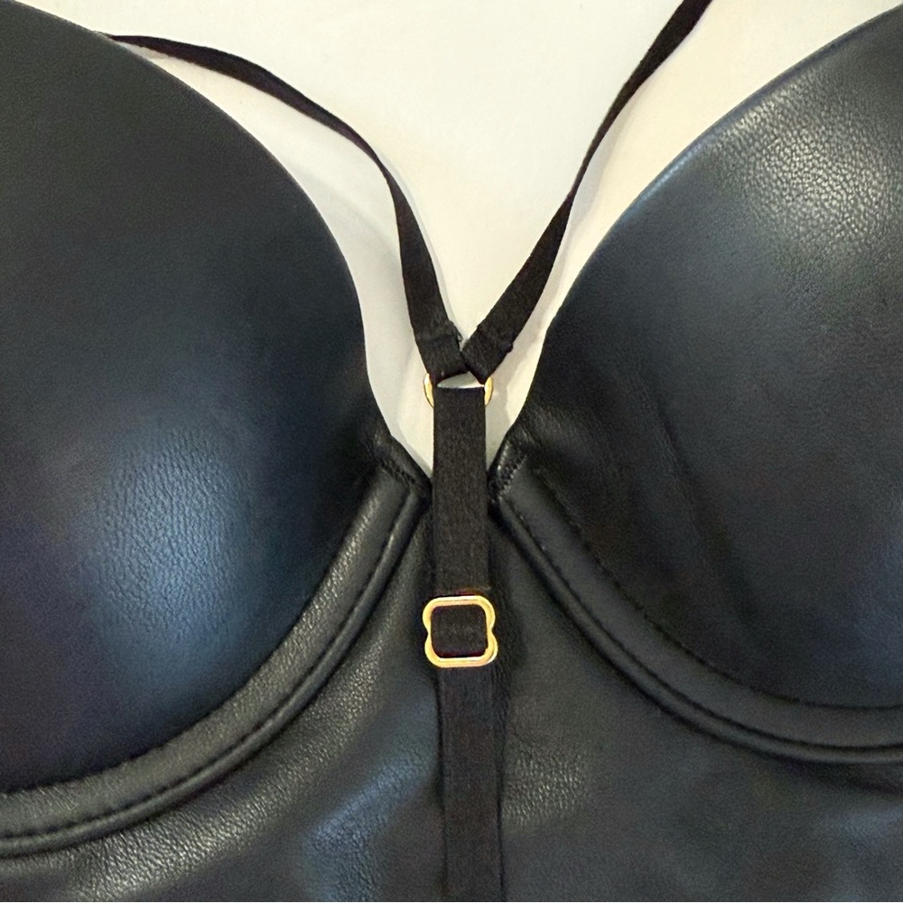 VICTORIAS SECRET BLACK LEATHER FISHNET MESH VERY SEXY PUSH-UP CORSET BUSTIER BRA - Picture 4 of 10